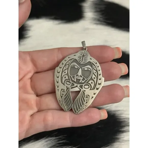 Huge Native American Sterling Silver Indian Skull Chief Headdress Pendant Signed - Picture 1 of 10